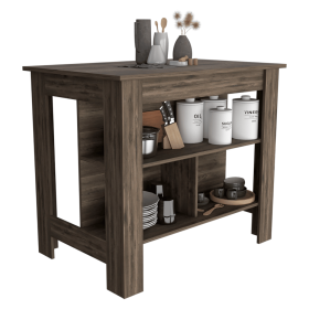 Delos Kitchen Island, kitchen table 35" H, Four Legs, Three Open Storage Shelves (Color: Brown)